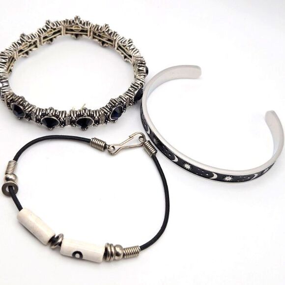 Variety Set of 3 Silvertone Bracelets - Cord with Beads, Celestial Cuff, Stretch - Picture 3 of 7